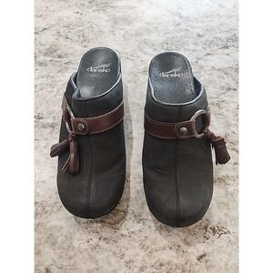 Dansko Shandi Clogs Mules Women EU Sz 38 Black Nubuck Brown Tassel Boho‎ Nursing